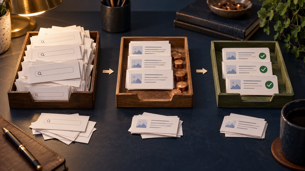 A stack of search records separated into attempted, counted and usable groups