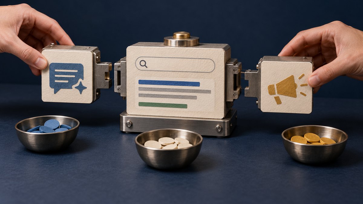 Optional answer and ad modules attach to a base search result with separate credit bowls