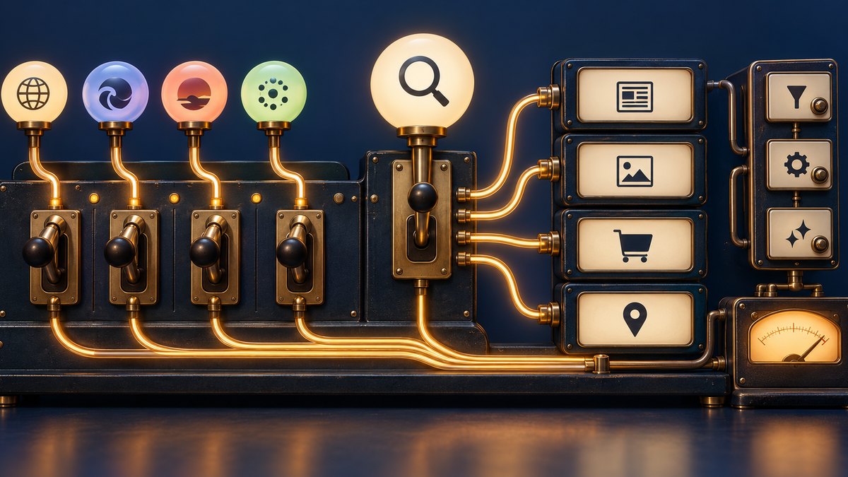 A search switchboard branches into multiple engines and result types