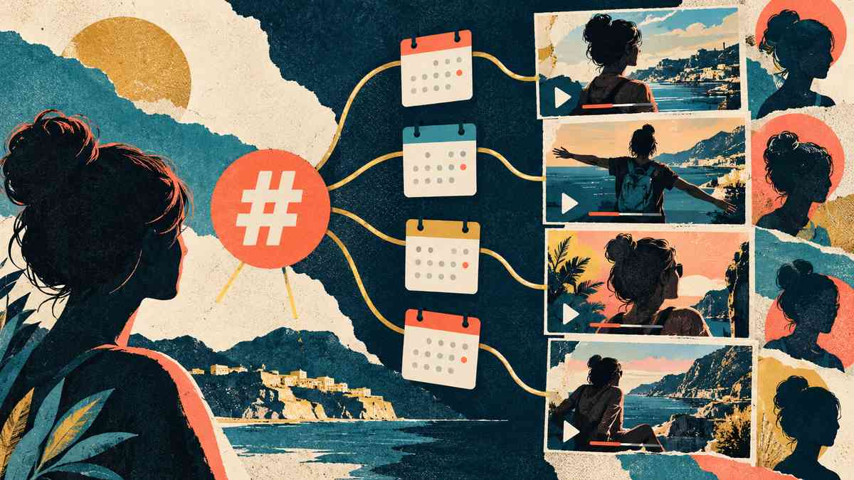 One hashtag token leads to a dated observed set of video tiles with repeat appearances tied together