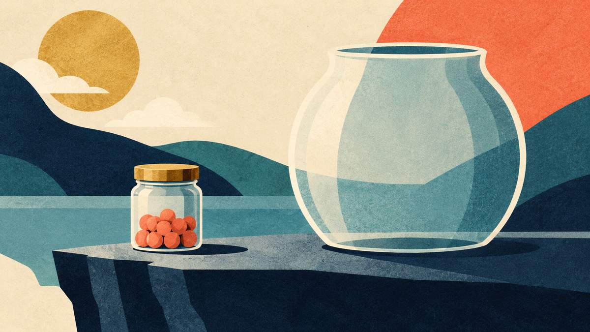 A modest observed sample jar stands beside an intentionally unfilled platform-wide vessel, preventing a false trend conclusion