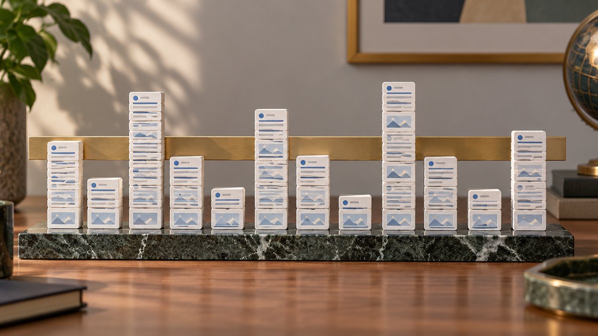 Uneven monthly stacks of result cards show changing search demand
