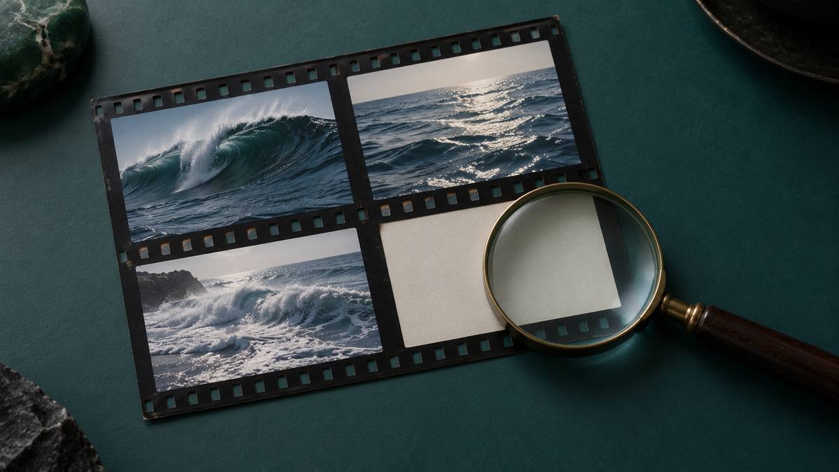 Film contact sheet of wave clips with one empty frame under a magnifying glass