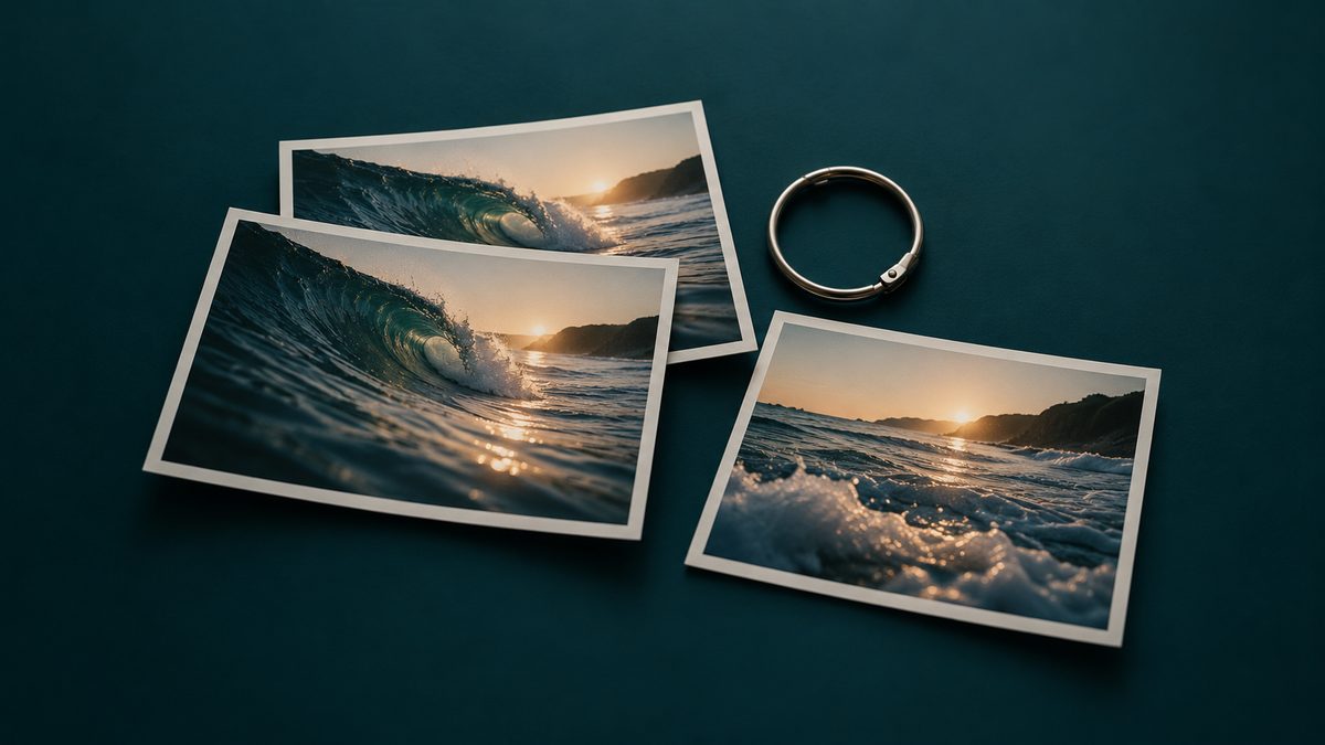 Two near-identical wave stills and a distinct frame beside a catalog ring on teal
