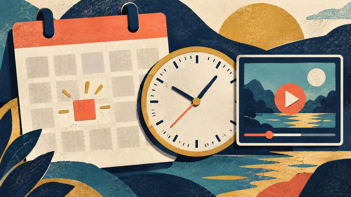 A broad calendar-day tile overlaps a fine-grained monitoring clock beside one video record