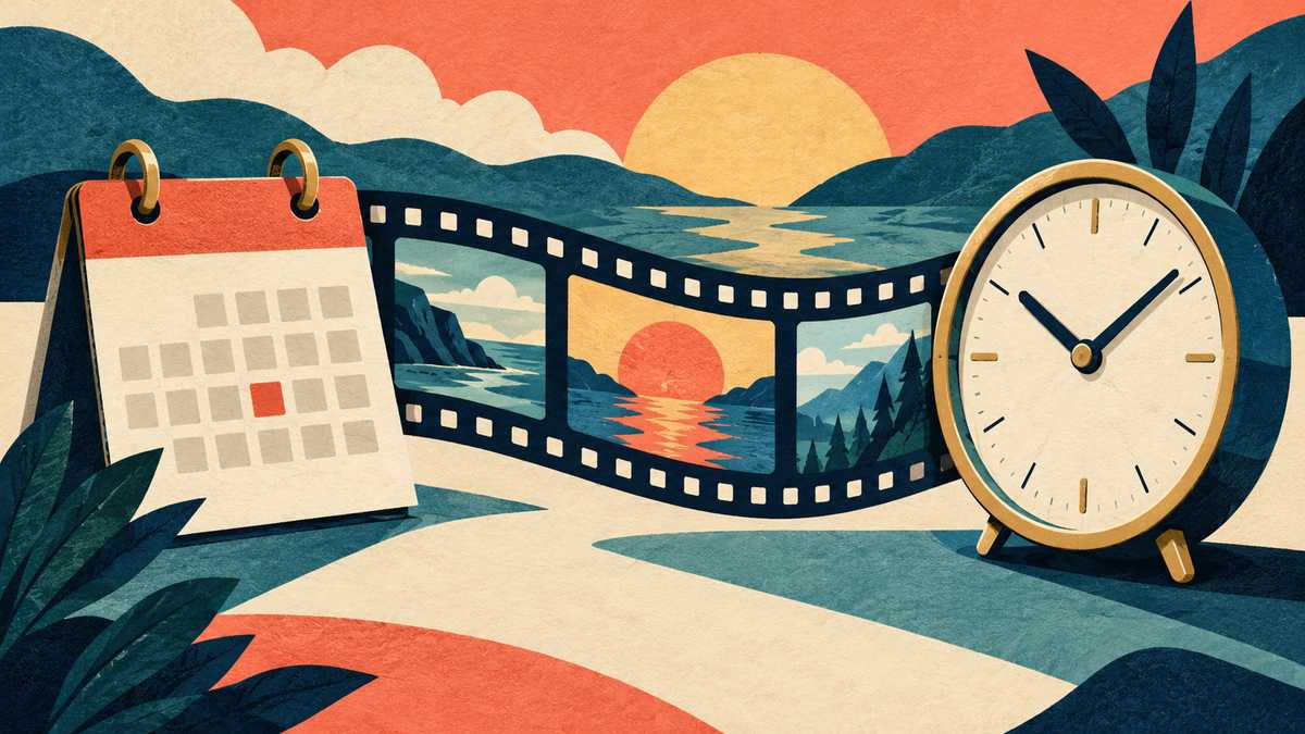 Filmstrip between a clock and a calendar for dated video review