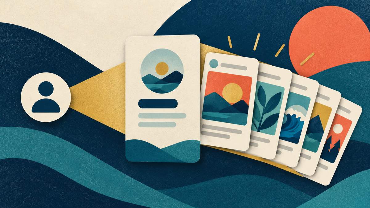 A known handle opens one profile card and a bounded fan of recent-post tiles