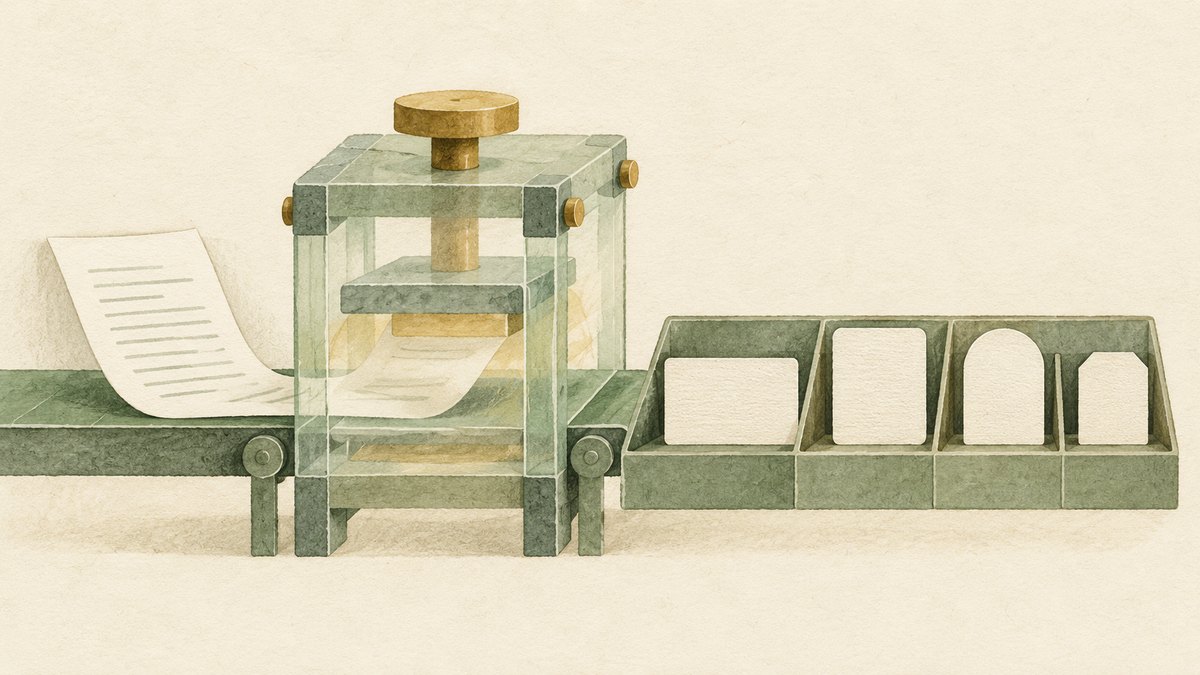 A page passes through a sorting press and emerges as several structured result cards