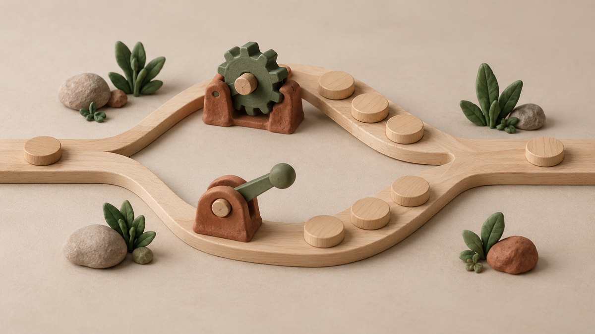 A wooden path branches around optional mechanisms that collect additional tokens
