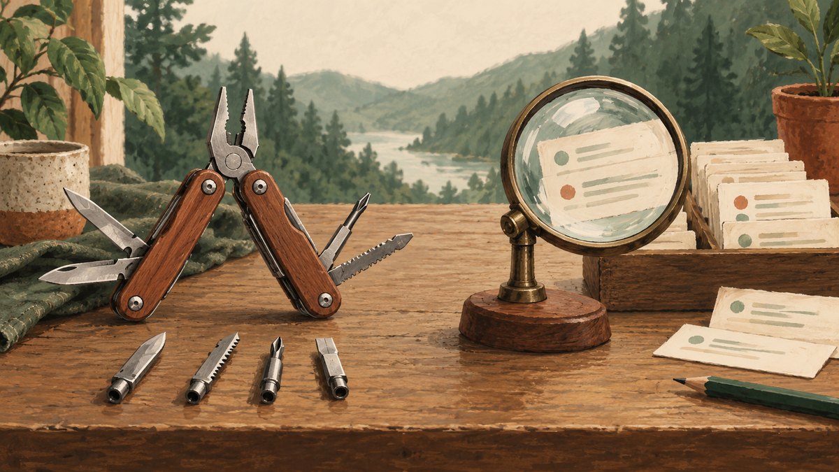A versatile multi-tool and a precise lens sit beside organized search result cards