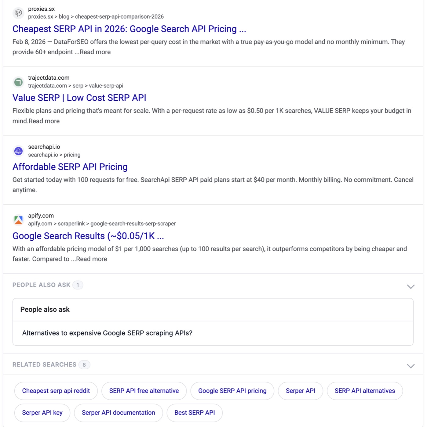 Google SERP organic result detail — multiple sources with snippets, related searches