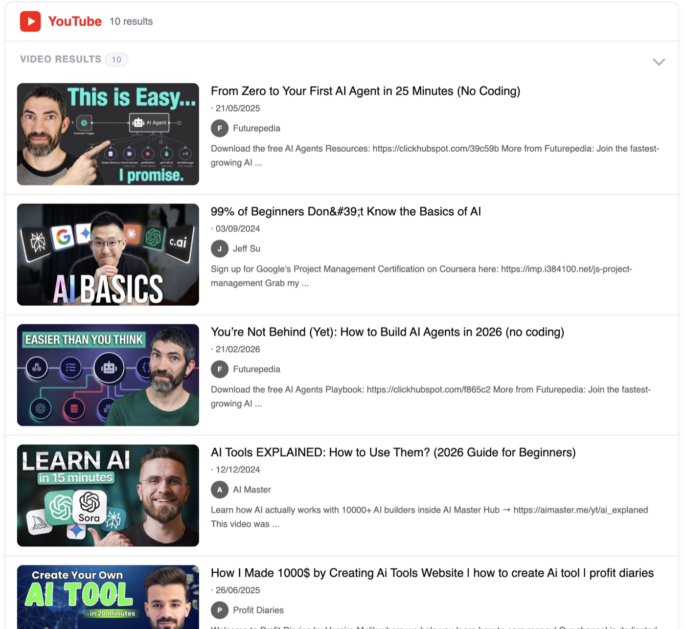 YouTube search results with thumbnails, channels, and dates